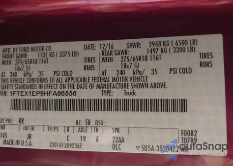 2017 Ford F-150 Xlt из США, поврежденный, VIN 1FTEX1EP9HFA86558